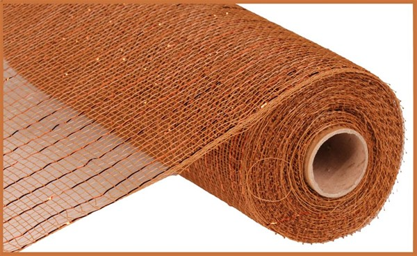 A roll of metallic copper polypropylene mesh ribbon for crafting wreaths and garlands.