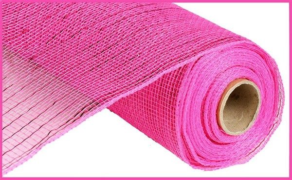 A roll of bright pink metallic mesh ribbon made of polypropylene for crafting wreaths and decor.