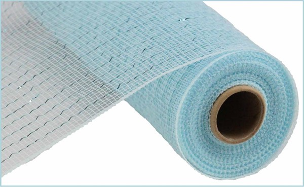 A roll of light blue metallic mesh ribbon with a grid pattern for crafts and wreaths.