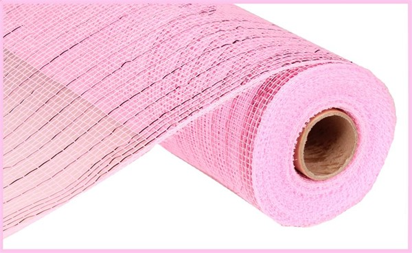 A roll of light pink metallic mesh ribbon for crafting wreaths and garlands.