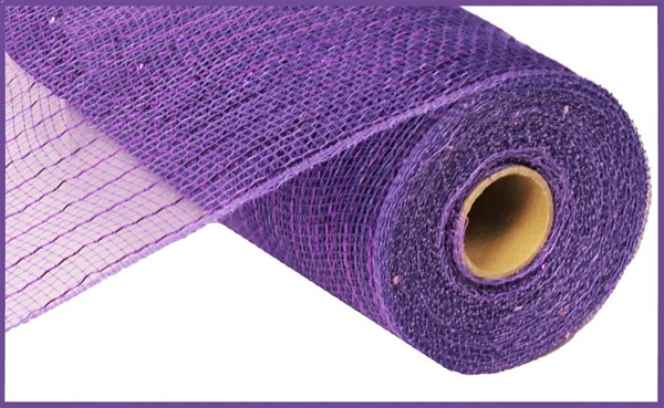 A roll of purple metallic mesh ribbon for crafting wreaths and garlands.