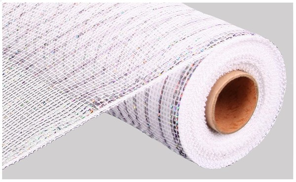 White metallic mesh ribbon roll with iridescent foil accents for crafting and decor.