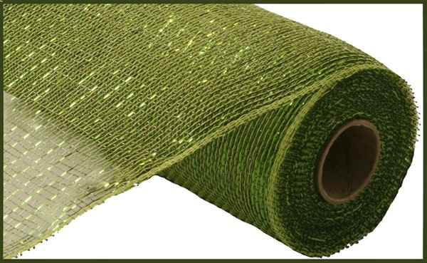 A roll of lime green metallic polypropylene mesh ribbon for crafting wreaths and garlands.