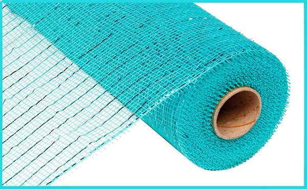 A roll of turquoise metallic mesh ribbon with a grid pattern made of polypropylene.
