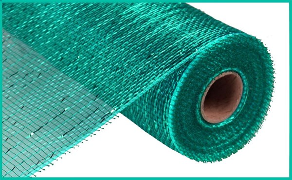 A roll of teal metallic mesh ribbon made of polypropylene with a grid pattern.