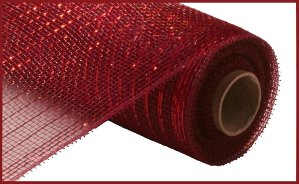 A roll of red metallic mesh ribbon with a grid pattern made of polypropylene.