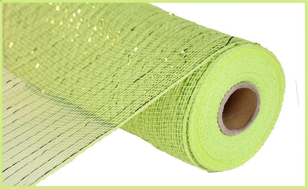Roll of lime green metallic mesh ribbon with a grid pattern for crafts and wreaths.