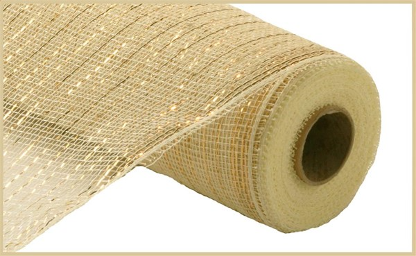Roll of gold metallic mesh ribbon for crafting wreaths and garlands.