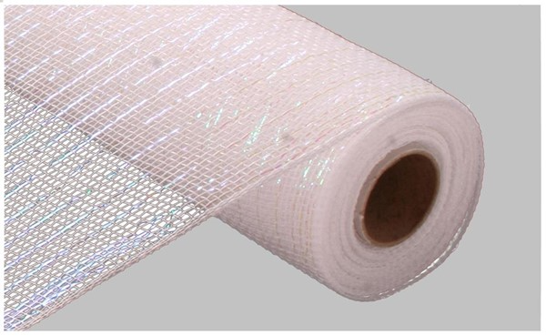 A roll of white metallic mesh ribbon with iridescent foil accents for crafting and decor.