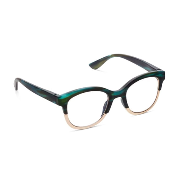 Georgia eyeglasses with square frames in earthy tortoise shell pattern featuring metallic detailing and blue light focus lenses.