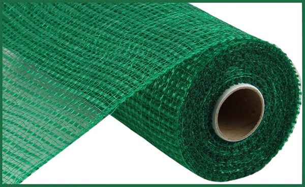 A roll of green horizontal wide stripe polypropylene mesh ribbon for crafting and wreaths.