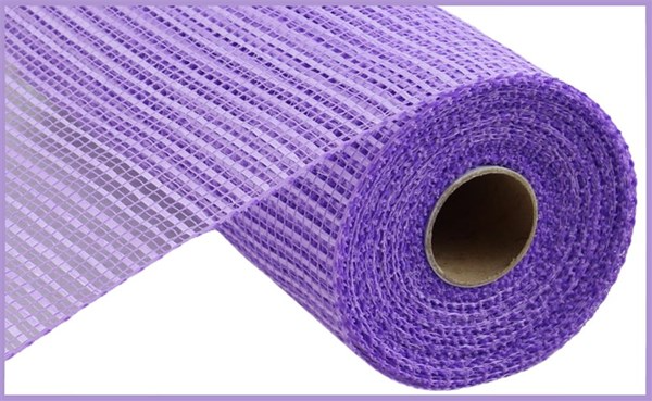 A roll of purple horizontal wide stripe mesh ribbon made of polypropylene.