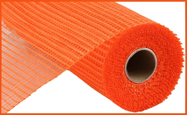 A roll of bright orange horizontal wide stripe polypropylene mesh ribbon for craft projects.