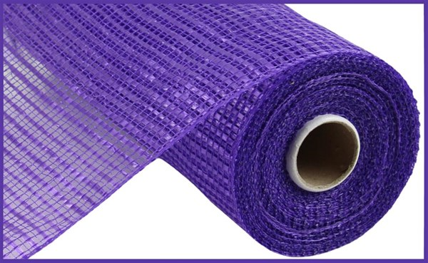 Roll of purple horizontal wide stripe polypropylene mesh ribbon for crafts and wreaths.