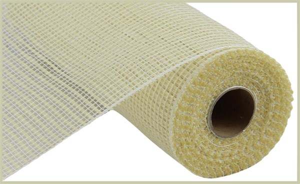 A roll of beige horizontal wide stripe mesh ribbon made of polypropylene.