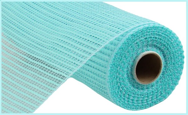 A roll of turquoise horizontal wide stripe mesh ribbon made of polypropylene.