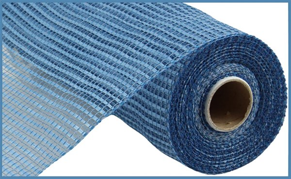 A roll of blue horizontal wide stripe mesh ribbon made of polypropylene.