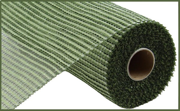 A roll of green horizontal wide stripe mesh ribbon made of polypropylene.