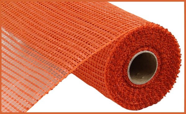A roll of orange horizontal wide stripe polypropylene mesh ribbon for crafting and wreaths.