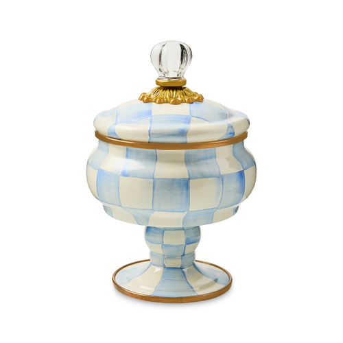 Hand-glazed steel Curiosity Pot with Sky Blue Checks pattern, bronzed stainless rim, glass knob, and brass accents.