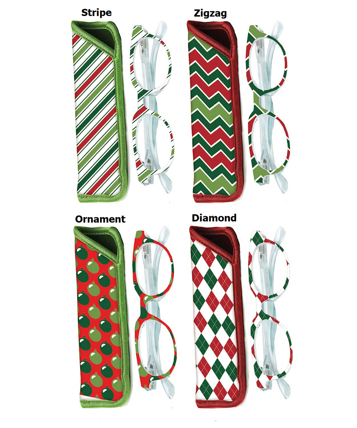 Reading glasses with festive patterns on the rim in polycarbonate frames.