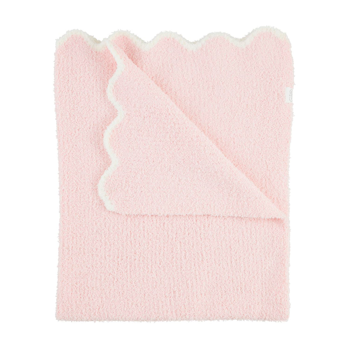 Pink scallop-edge chenille blanket made of polyester with a soft textured surface.