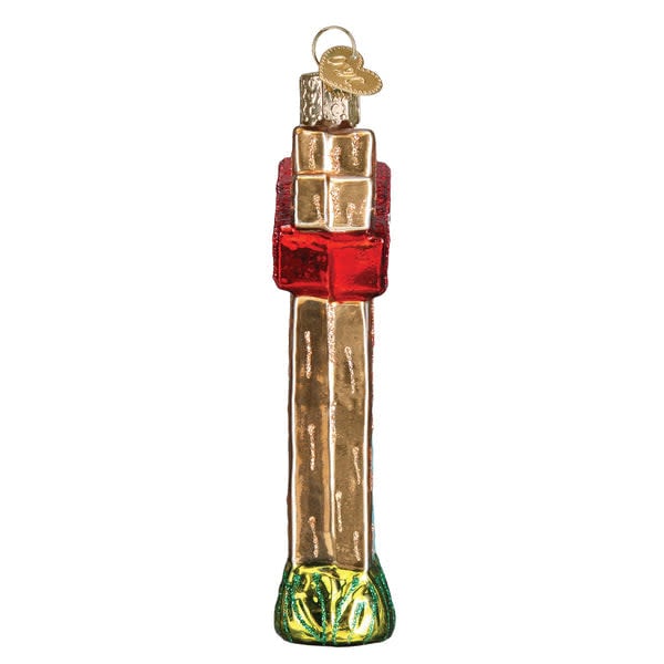 Mouth-blown glass ornament shaped like a 'Sold' realty sign with hand-painted details and silver accents.
