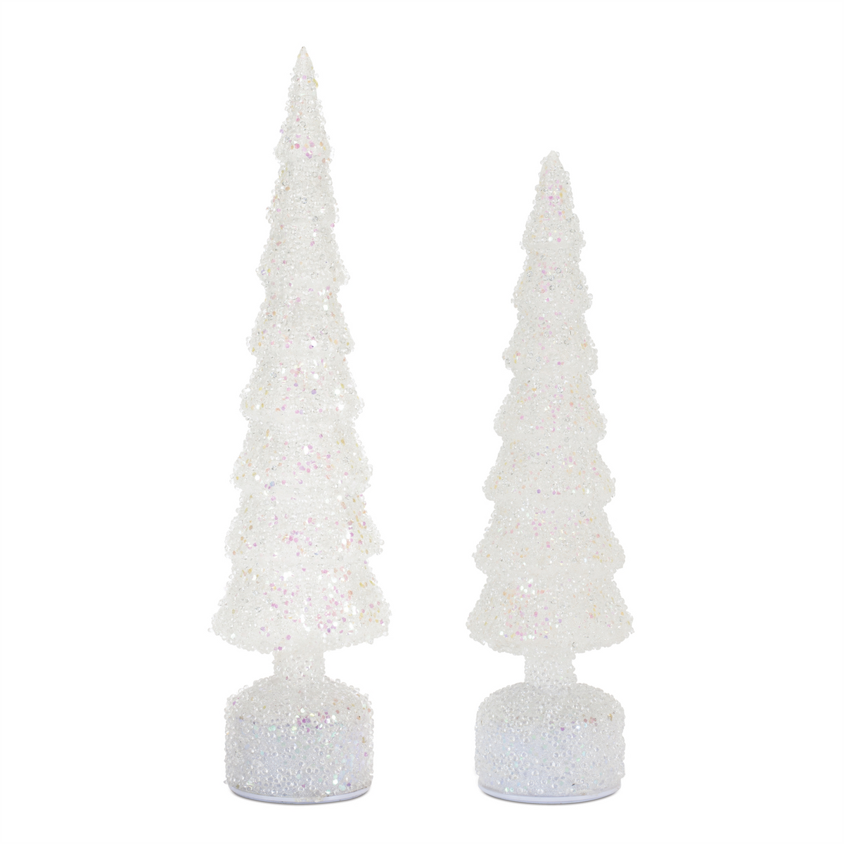 Two white glittery glass Christmas trees with rotating LED lights on circular bases.