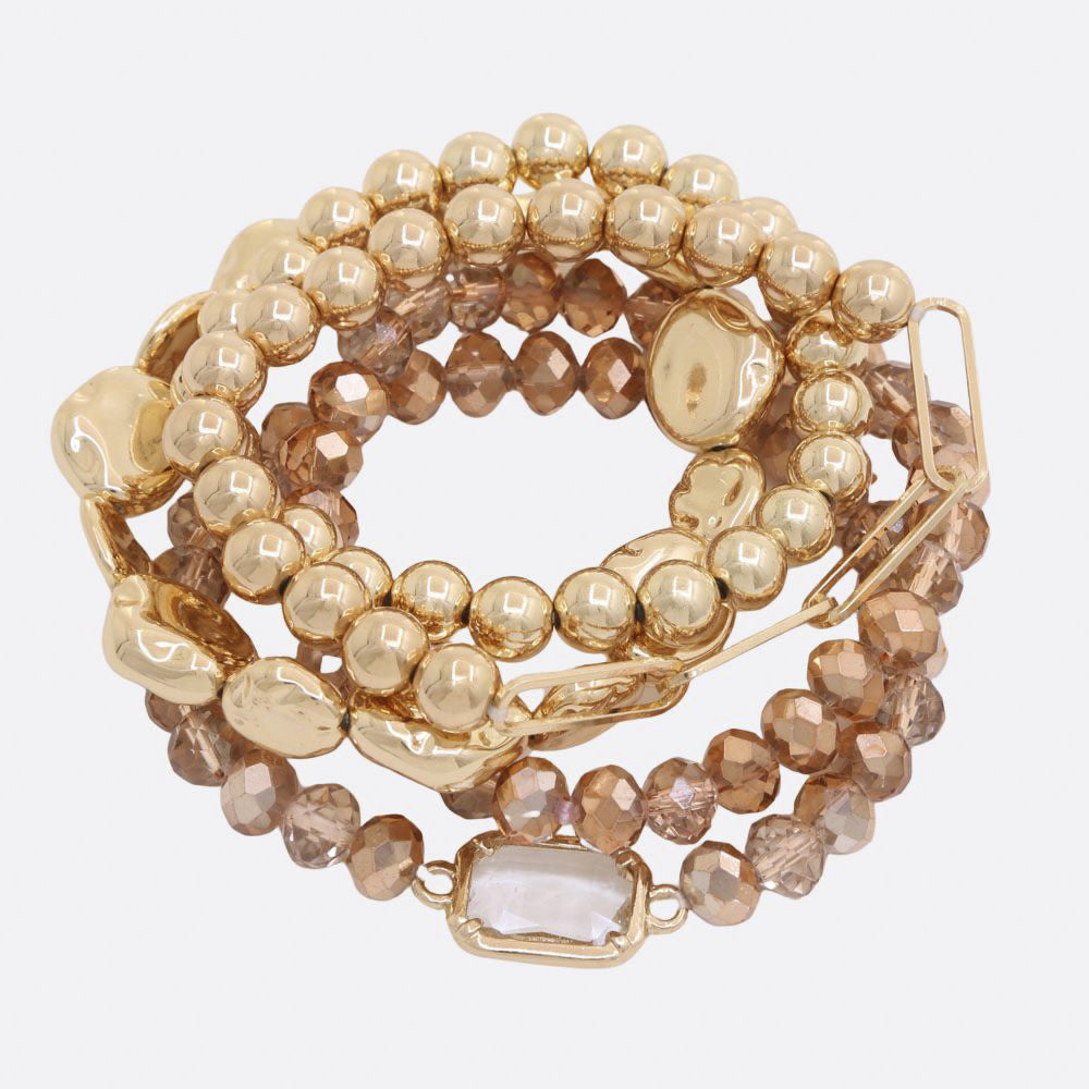 Rectangle Charm Beaded Bracelet Set - Gold