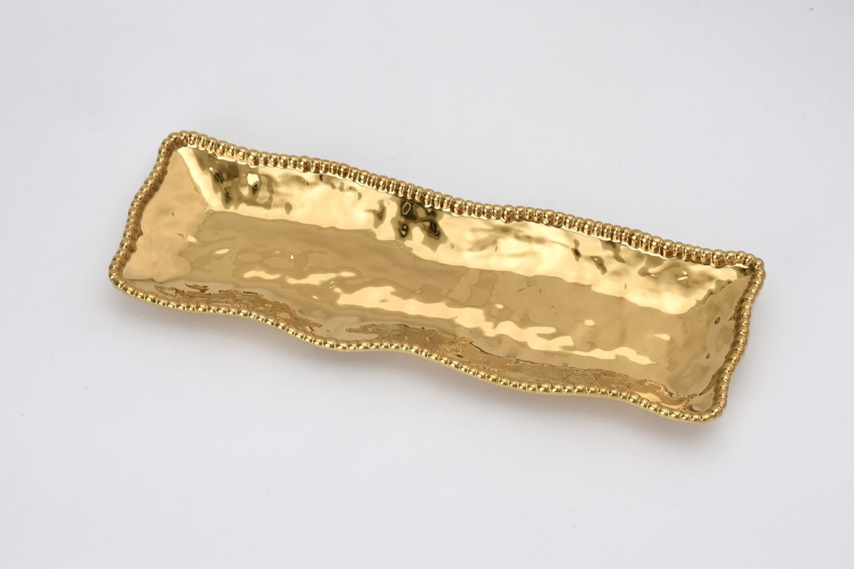 Rectangular gold-toned porcelain serving piece with lustrous gold bead detailing from the Monaco Collection.