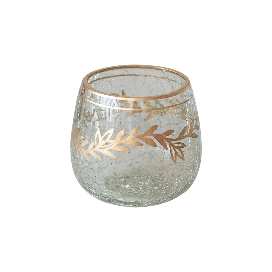 Recycled glass tealight holder with gold finish geometric design