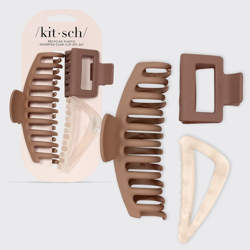 Set of three recycled plastic claw clips in assorted shapes including one oversized clip.