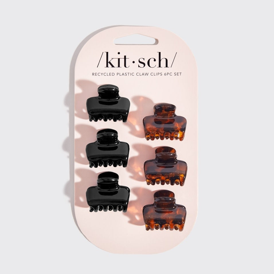 Set of six mini claw clips in black and tortoise recycled plastic with a puffy cloud design.