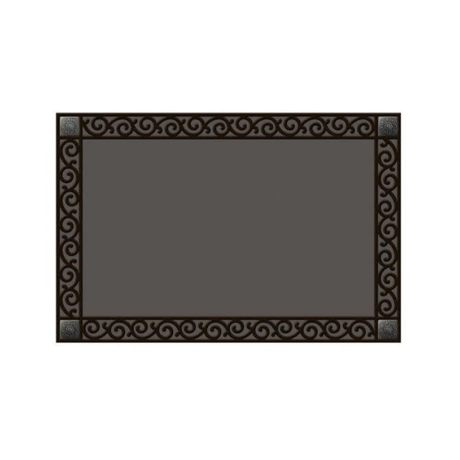 Recycled rubber tray with scrollwork frame holding a printed doormat insert
