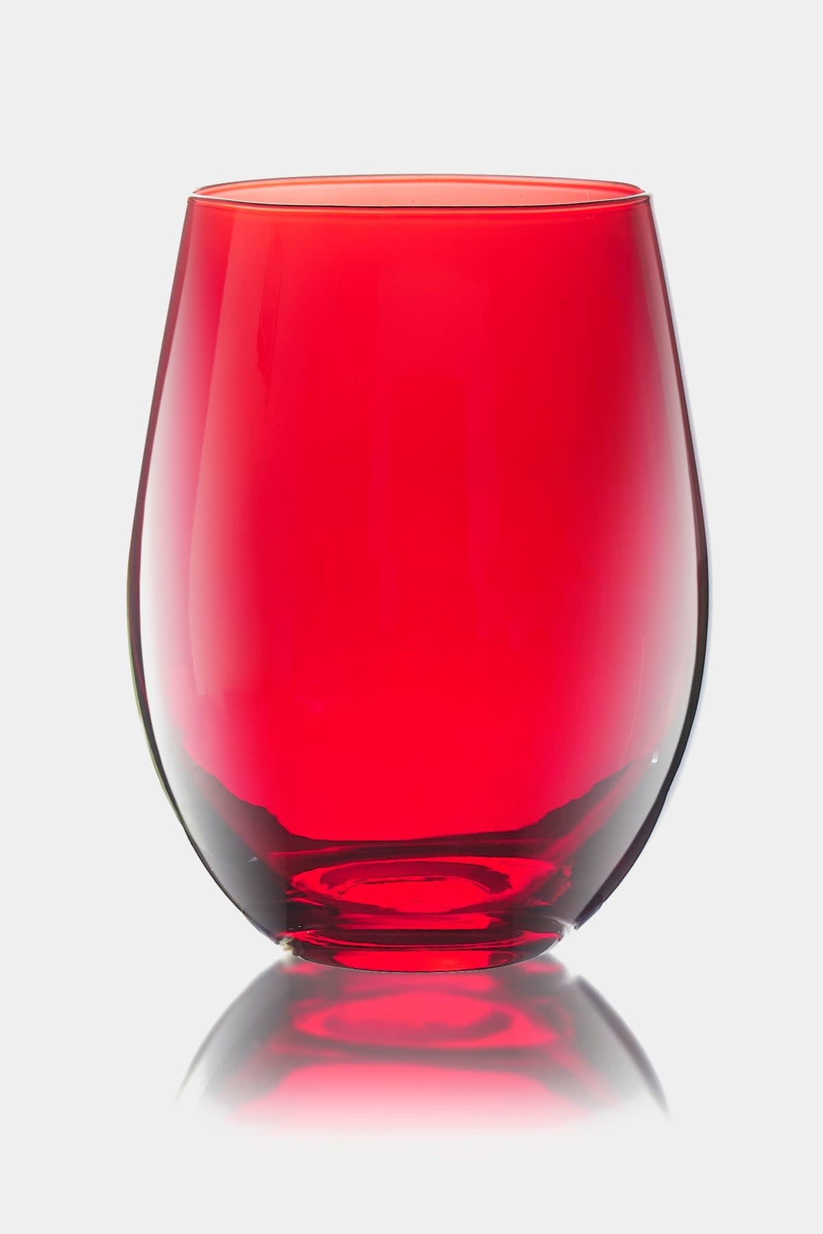 Red carnival stemless wine goblet glass with a wide bowl shape