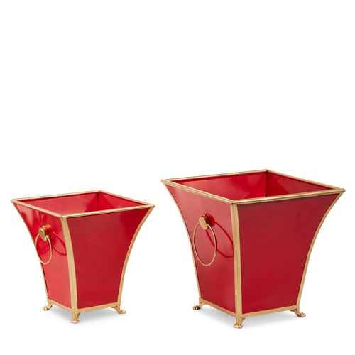 Red iron cache pot with gold accents in a square shape