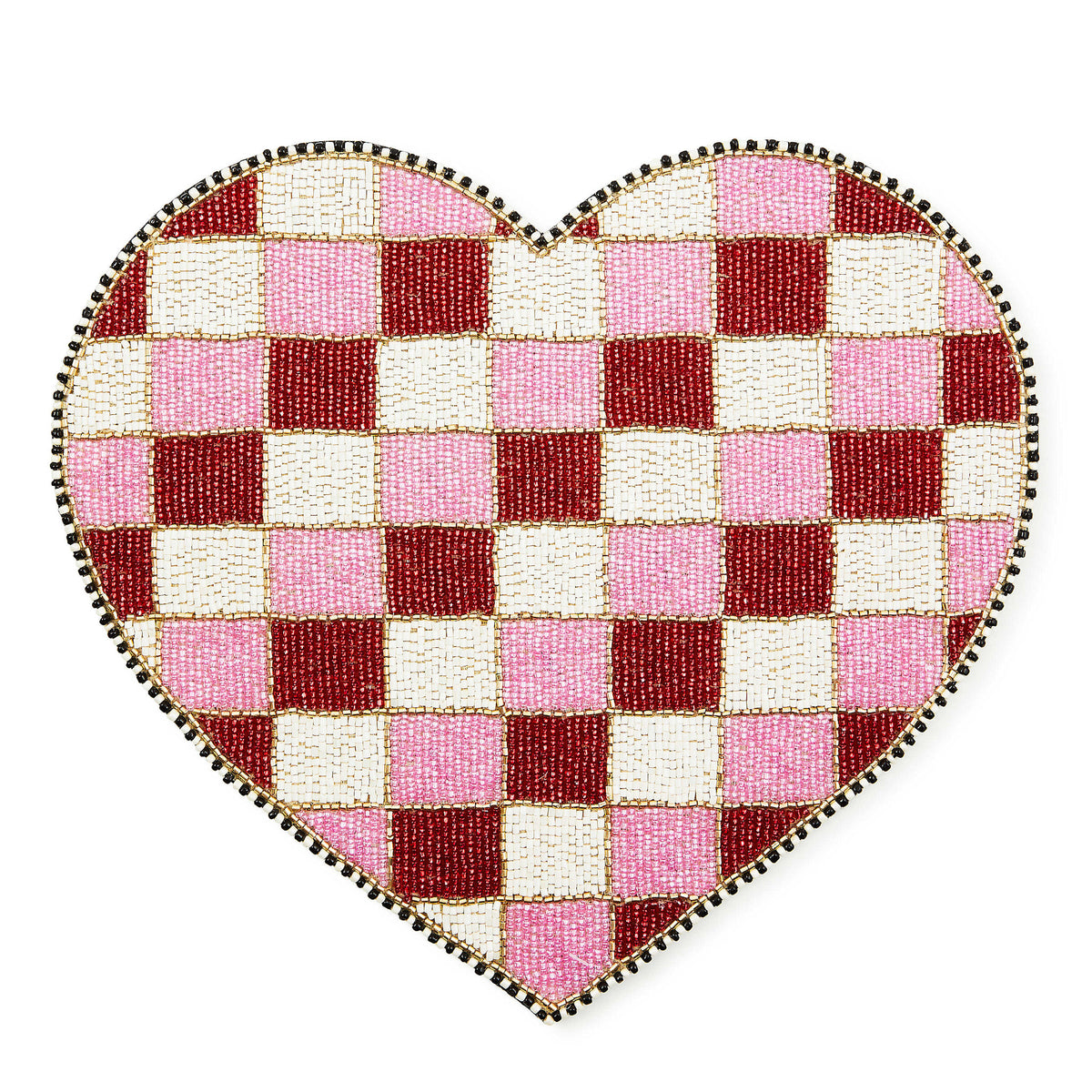 Red and white checkered heart-shaped placemat made of polyester cotton with a beaded embellished design.