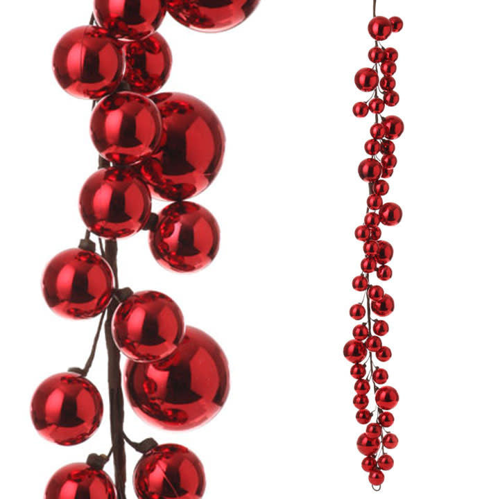 Four-foot red plastic garland with glossy spherical ornaments