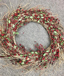 38-inch rustic twig wreath decorated with red berries and small green leaves.