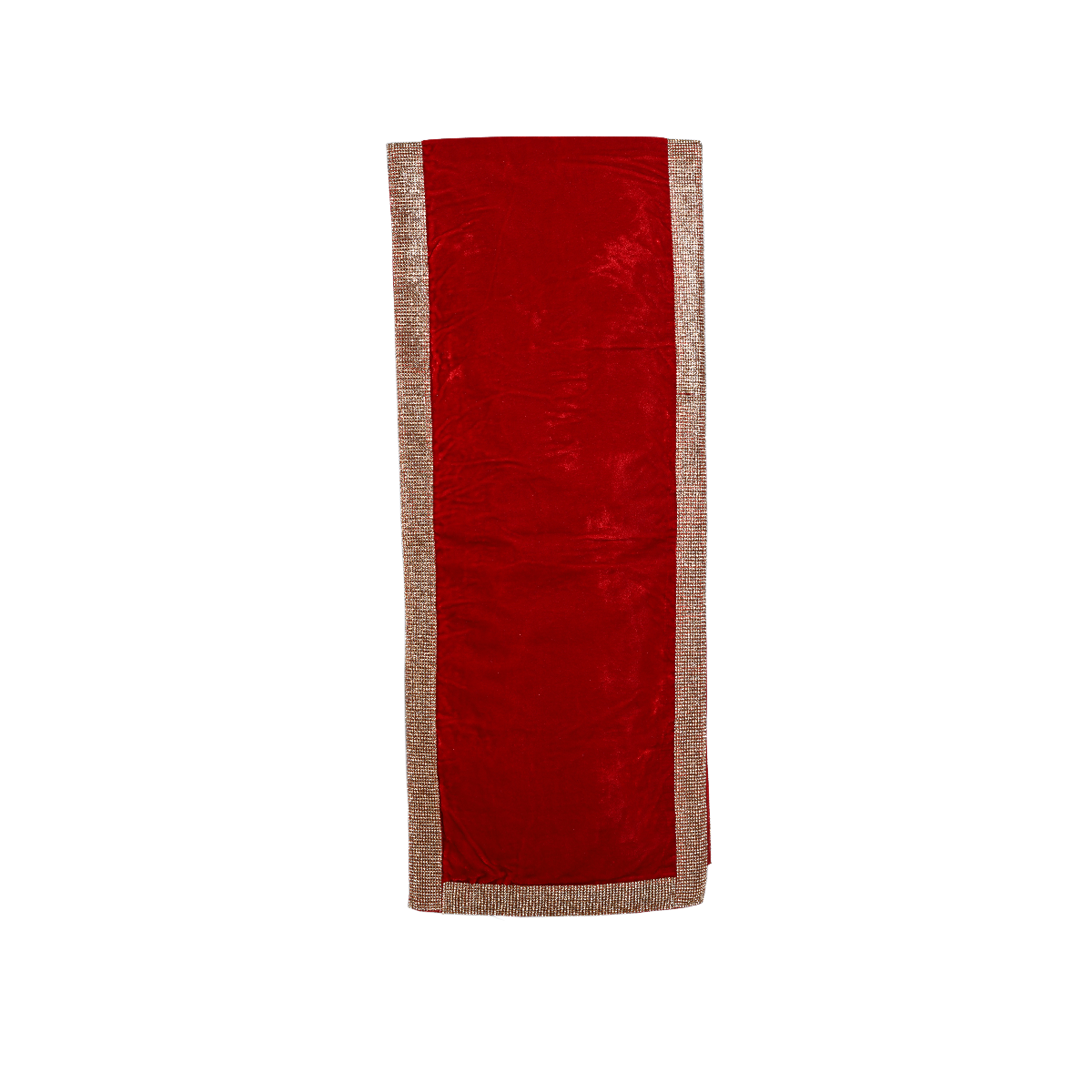 Red bling table runner with shimmering sequin embellishments on a rectangular silhouette.