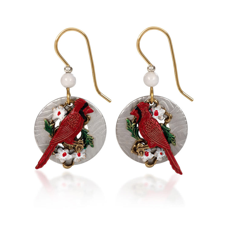 Red cardinal drop earrings with floral backdrop on nickel-free surgical steel earwires