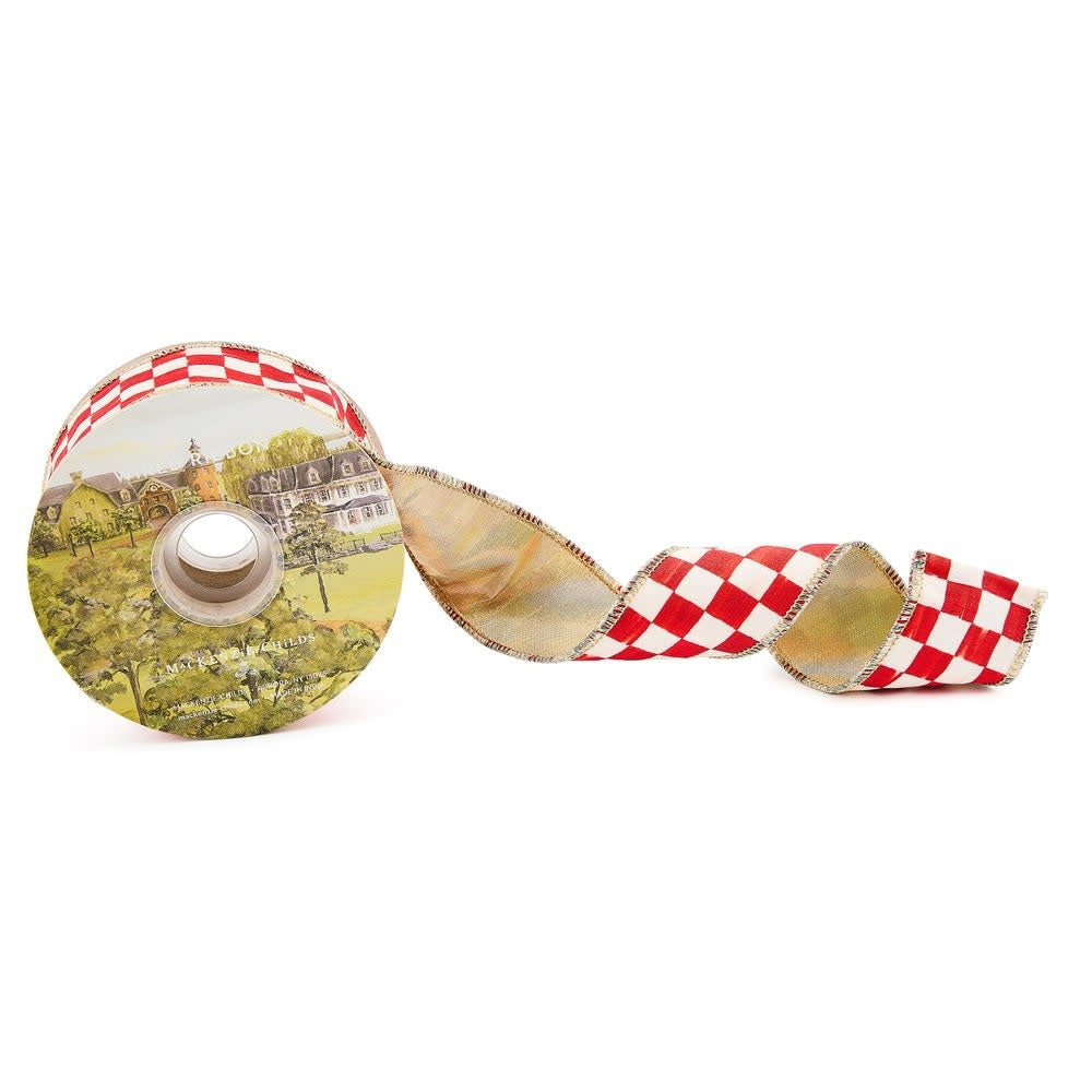 Red polyester ribbon with linen-finish check pattern on one side.