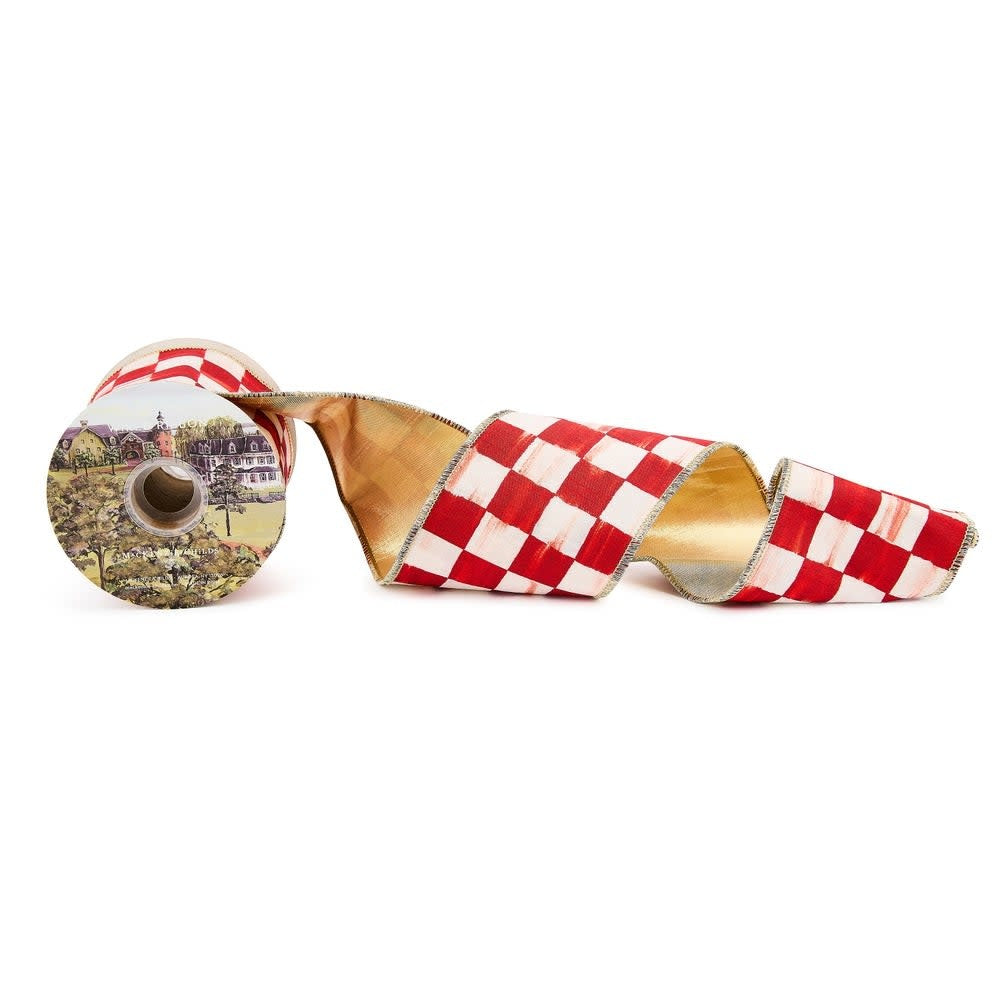 Red checkered polyester ribbon with wired edges on a white background.