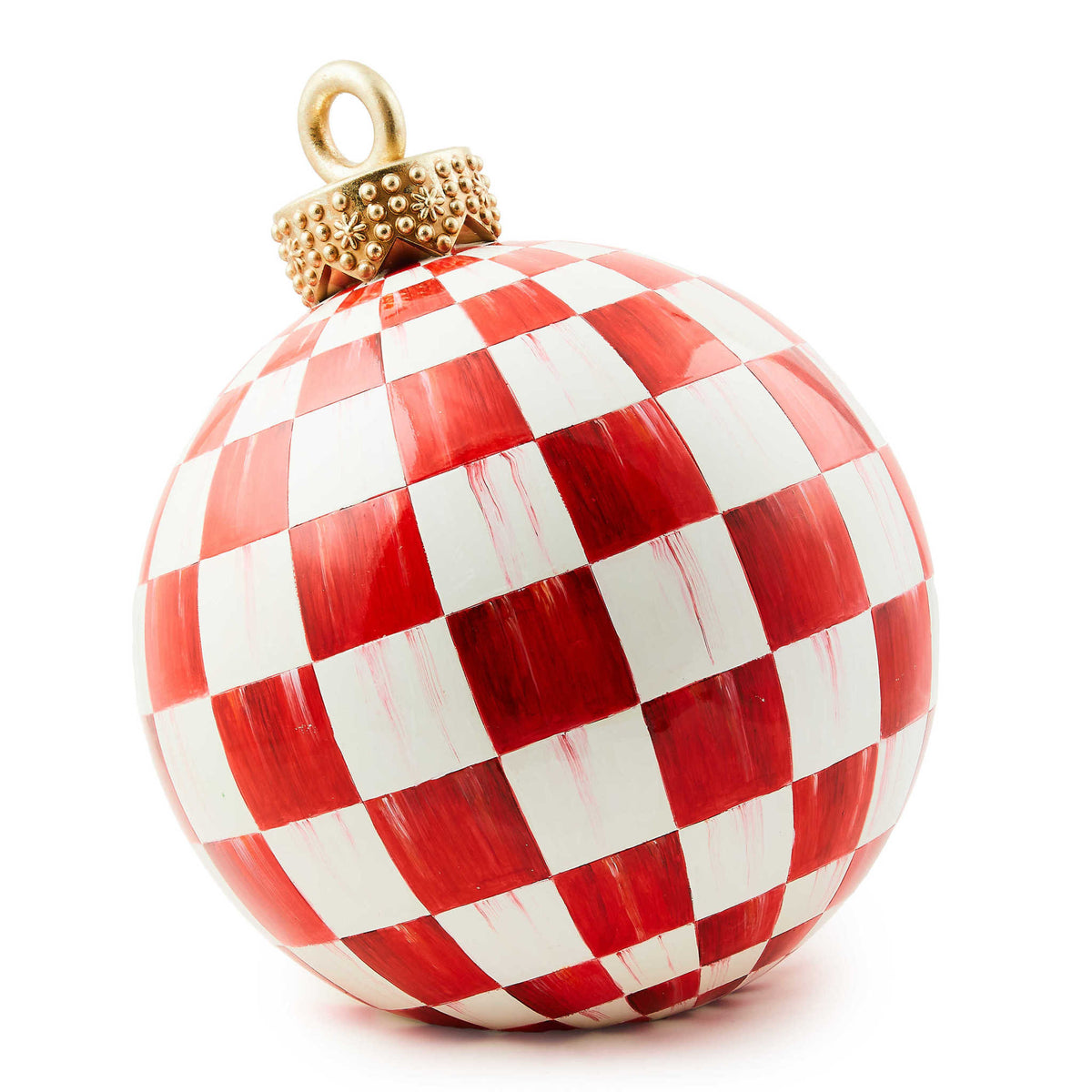 Oversized resin tabletop ornament with watercolor-style red checks pattern on a gold foil cap.