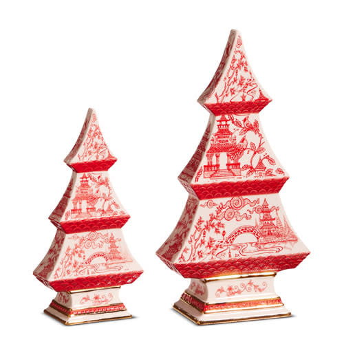 Red dolomite chinoiserie tree with a stylized branch silhouette.