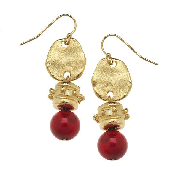 Red coral drop earrings featuring a gold Bentley bead anchor with colorful stone detail on fish hook backs.