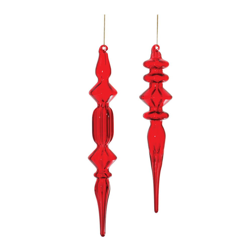 Red glass finial ornament with a tapered cone shape and attached hanging string.