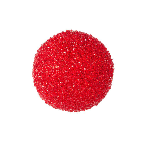 Red glitter foam ball ornament with plastic core measuring six inches in diameter.