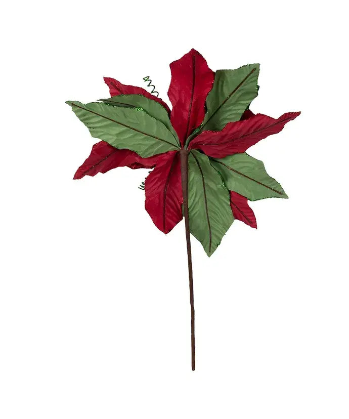 Red velvet poinsettia pick with green leaves and glitter accents on a stick