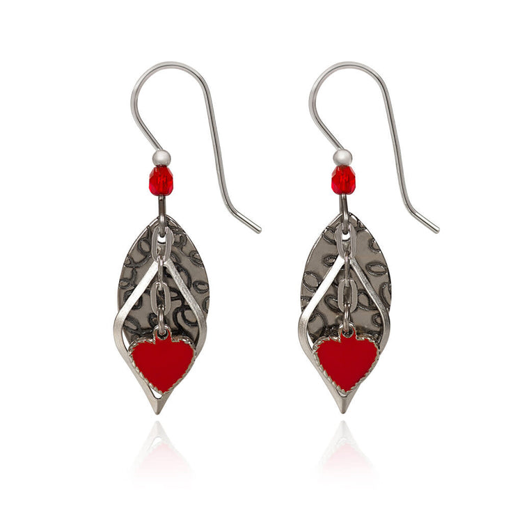 Red enamel heart on football stud earrings with surgical steel posts
